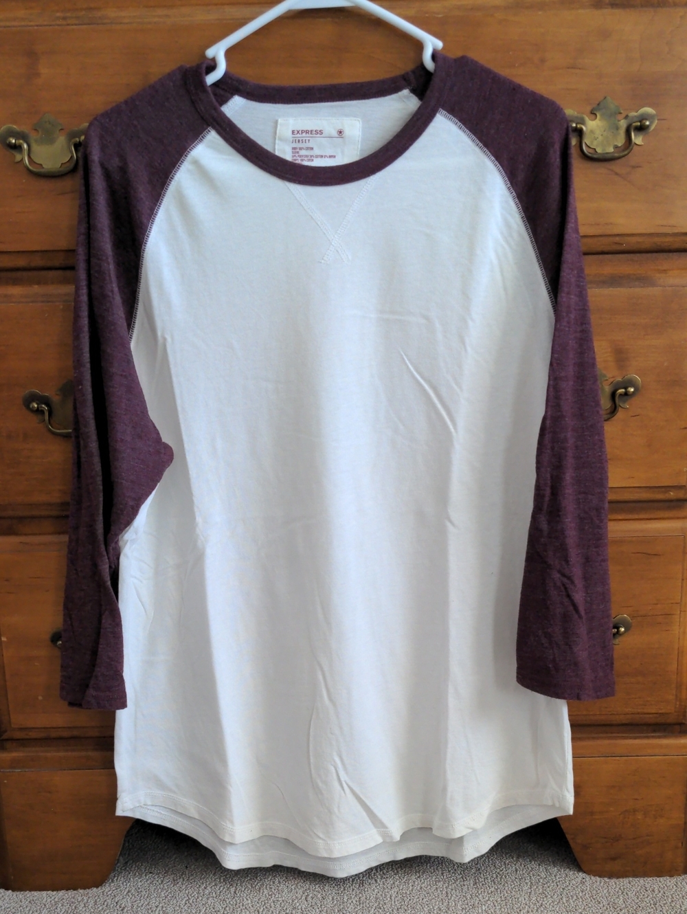 Express Men's White and Plum Raglan Baseball Tee